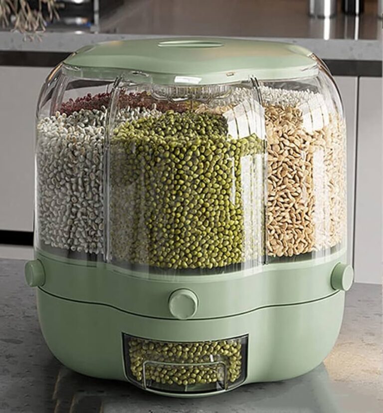 Récipient de Stockage de Riz et de Céréales Rotatif à 360° – Grand – 30cm x 30cm - Vert avec boutons jaunes