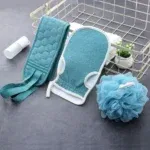 Pack de 3 Accessoires de Bain Exfoliants Bleu – Gants Exfoliants et Éponges pour Soin du Corps